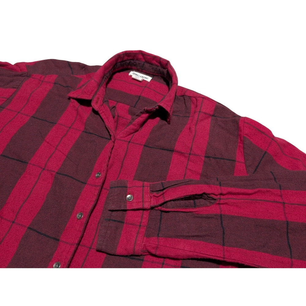 Billabong Button‎ Down Shirt Men M Red Maroon Striped Flannel Plaid Long Sleeve